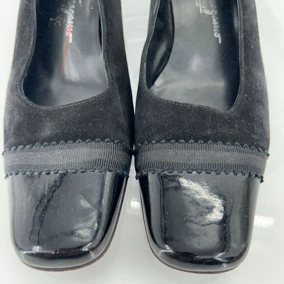 Salvatore Ferragamo Pump Women Size 7.5 B Black Suede Patent Cap Toe Square Toe - Picture 5 of 14